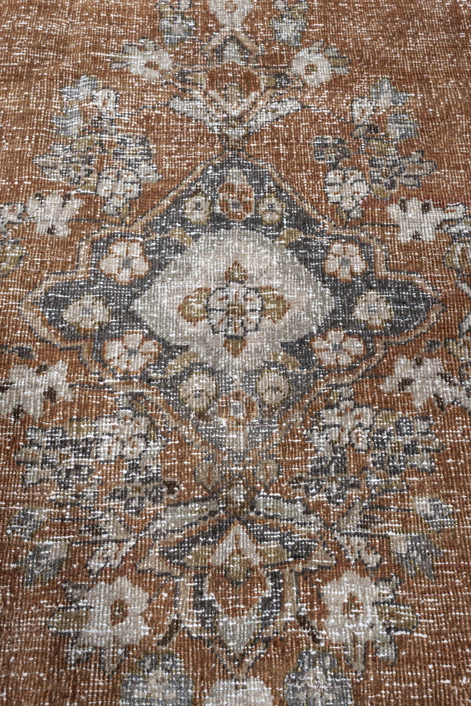 6' x 9' one-of-a-kind handmade antique Mahal large size rug. Color palette: terracotta, ivory, slate blue, taupe, charcoal