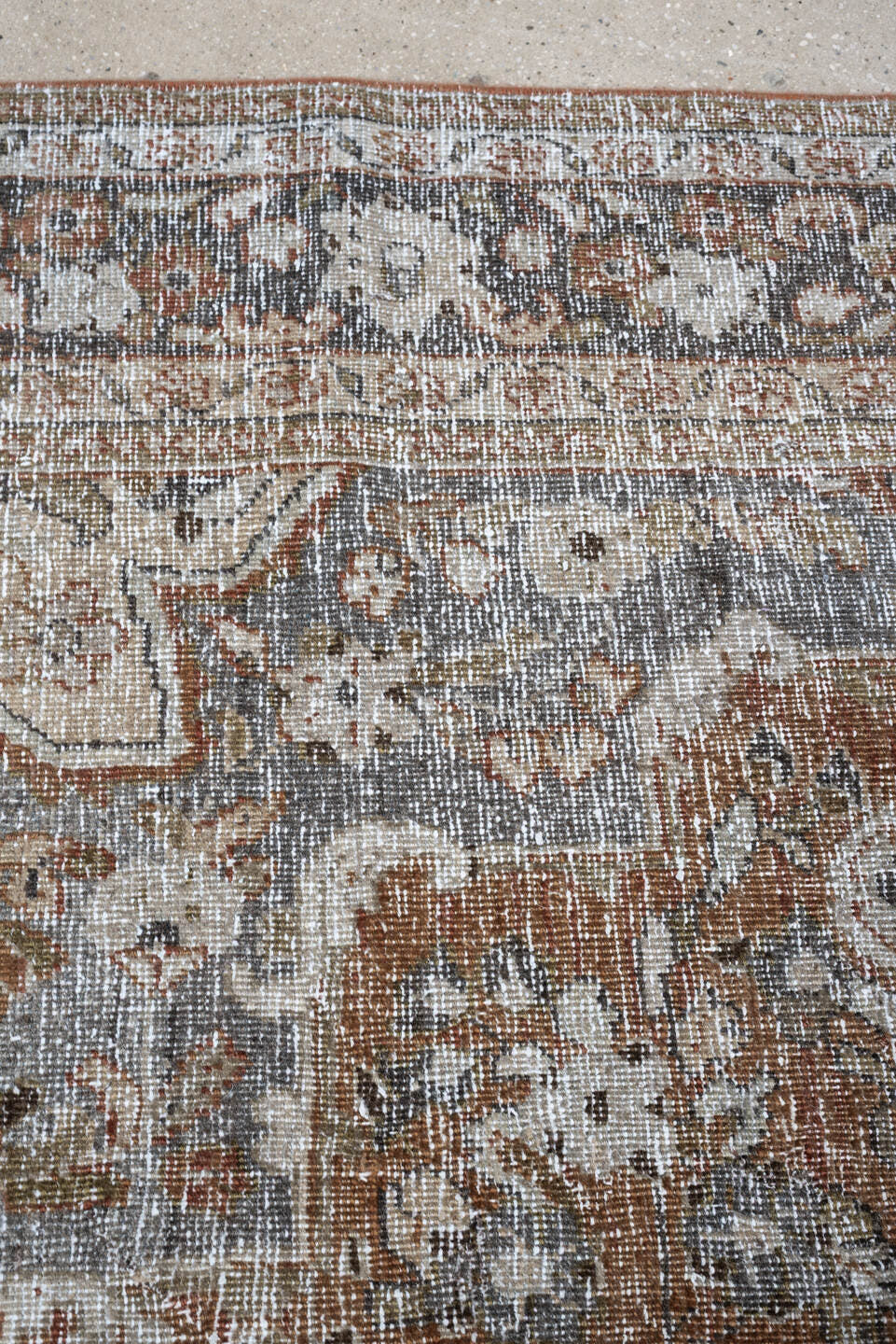 6' x 9' one-of-a-kind handmade antique Mahal large size rug. Color palette: terracotta, ivory, slate blue, taupe, charcoal