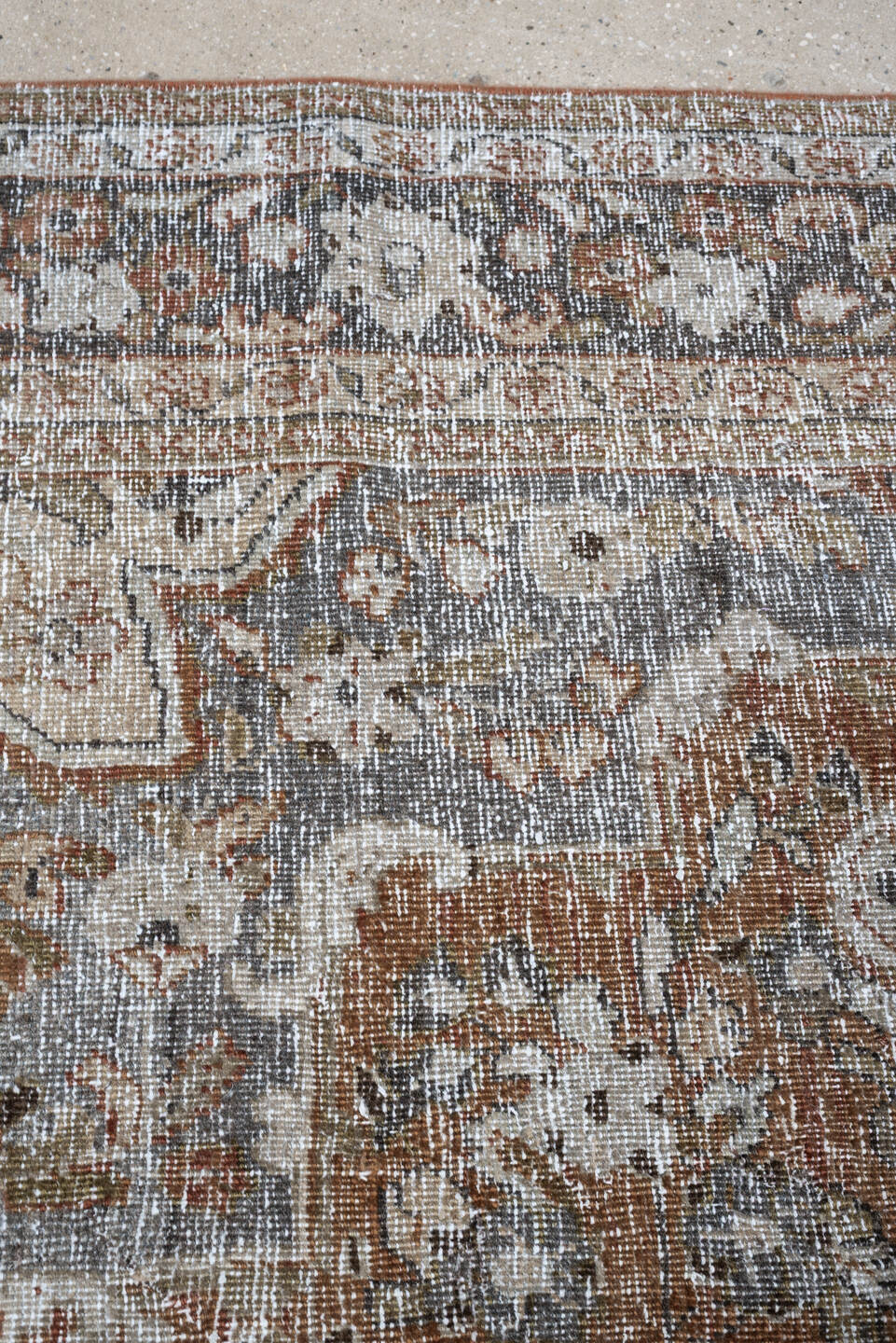 6' x 9' one-of-a-kind handmade antique Mahal large size rug. Color palette: terracotta, ivory, slate blue, taupe, charcoal
