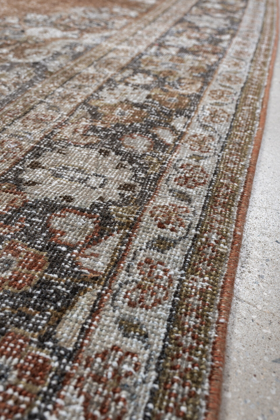 6' x 9' one-of-a-kind handmade antique Mahal large size rug. Color palette: terracotta, ivory, slate blue, taupe, charcoal
