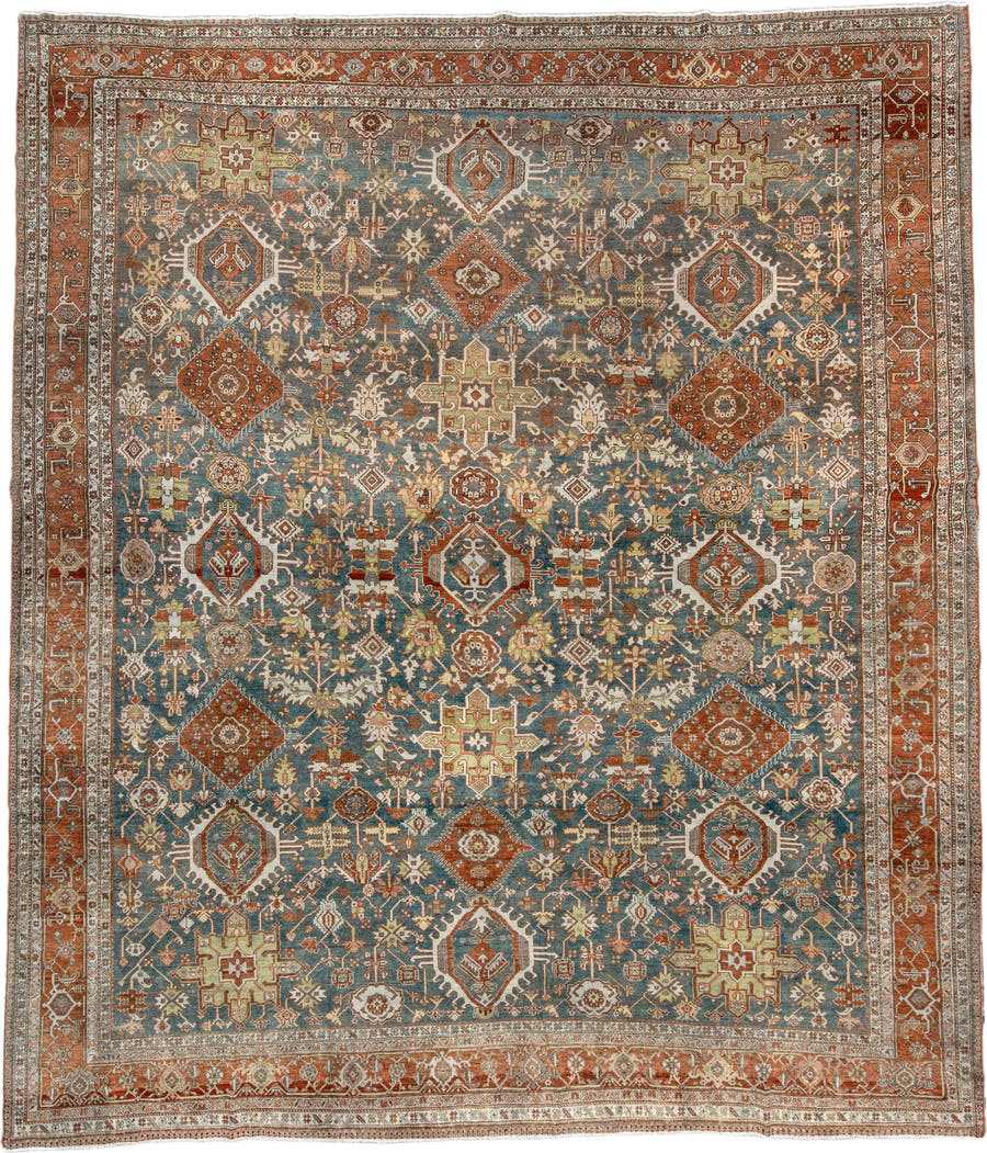 11' x 13' one-of-a-kind handmade antique Karaje oversize rug. Color palette: teal blue, rust, ivory, terracotta, sage