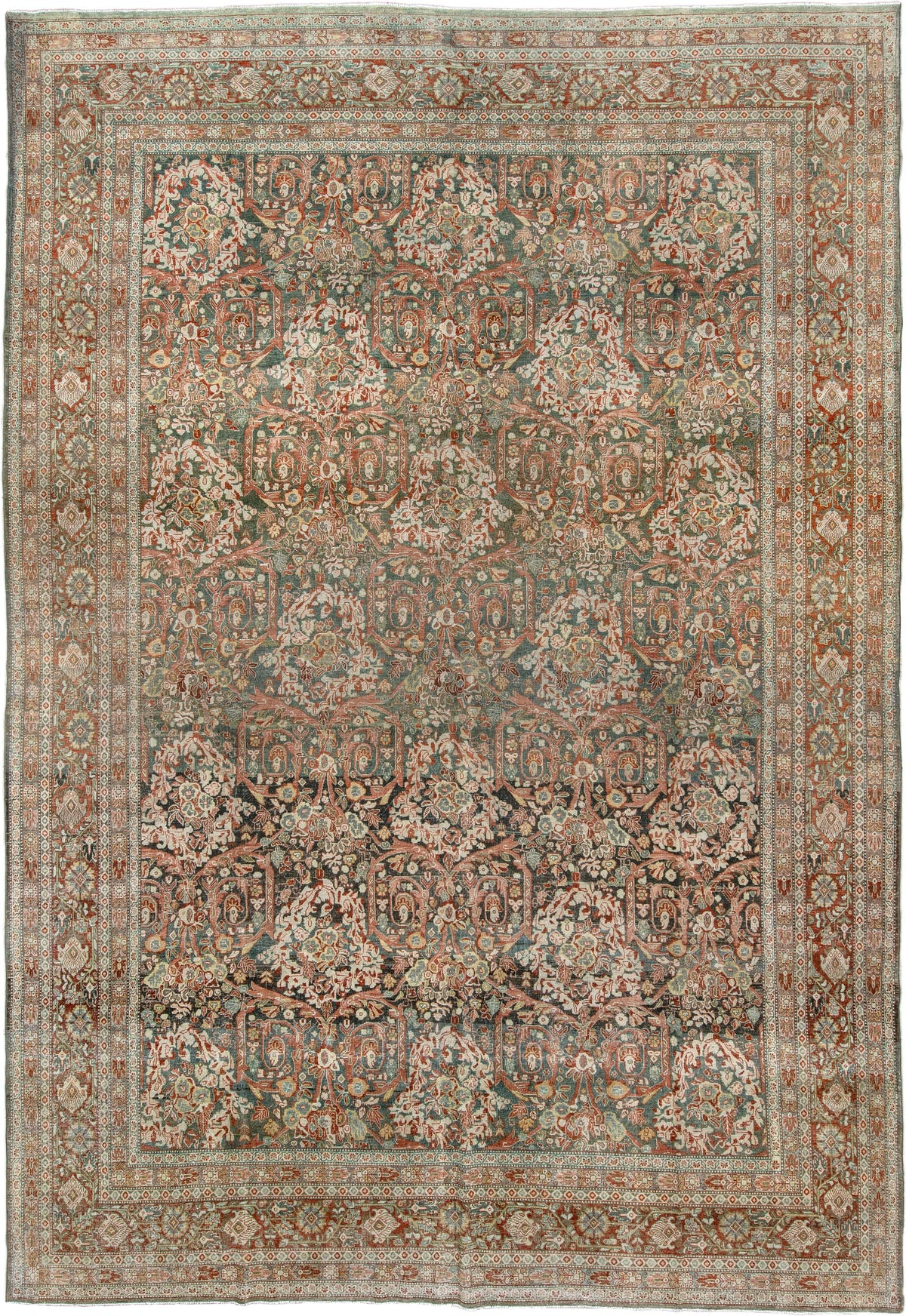 10' x 15' one-of-a-kind handmade antique Tabriz rug. Color palette: sage, ivory, terracotta, charcoal, taupe, coral