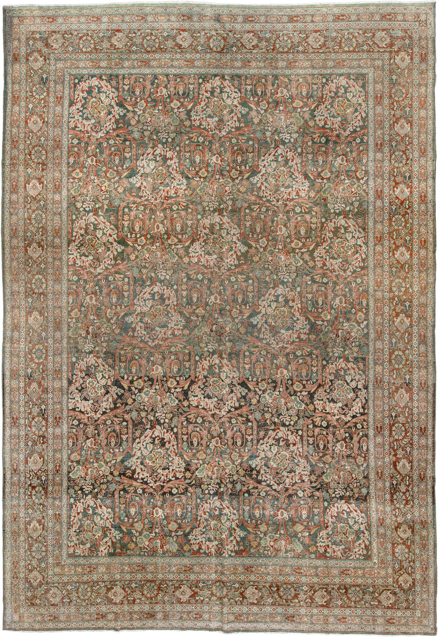 10' x 15' one-of-a-kind handmade antique Tabriz rug. Color palette: sage, ivory, terracotta, charcoal, taupe, coral