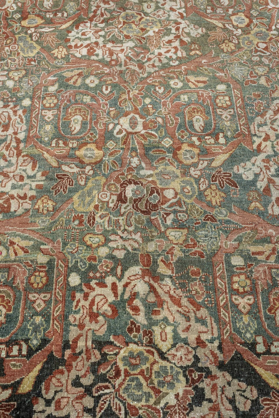 10' x 15' one-of-a-kind handmade antique Tabriz rug. Color palette: sage, ivory, terracotta, charcoal, taupe, coral