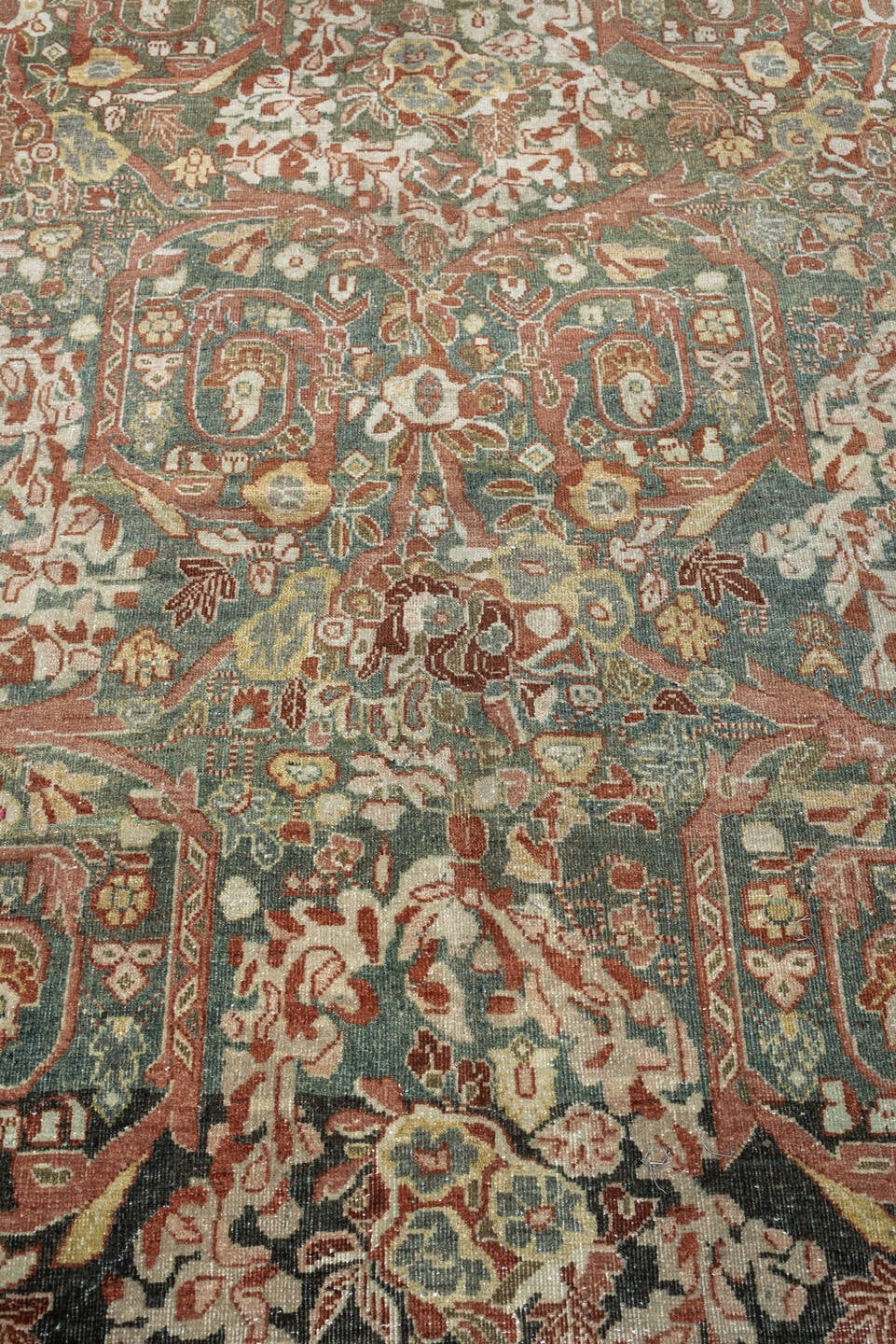 10' x 15' one-of-a-kind handmade antique Tabriz rug. Color palette: sage, ivory, terracotta, charcoal, taupe, coral