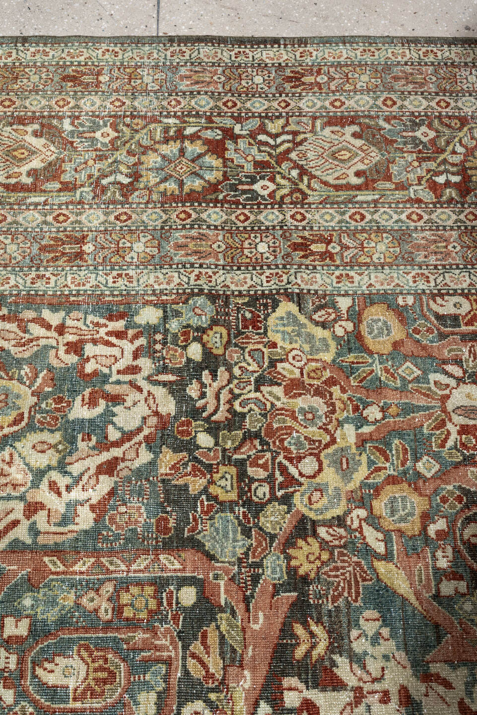 10' x 15' one-of-a-kind handmade antique Tabriz rug. Color palette: sage, ivory, terracotta, charcoal, taupe, coral