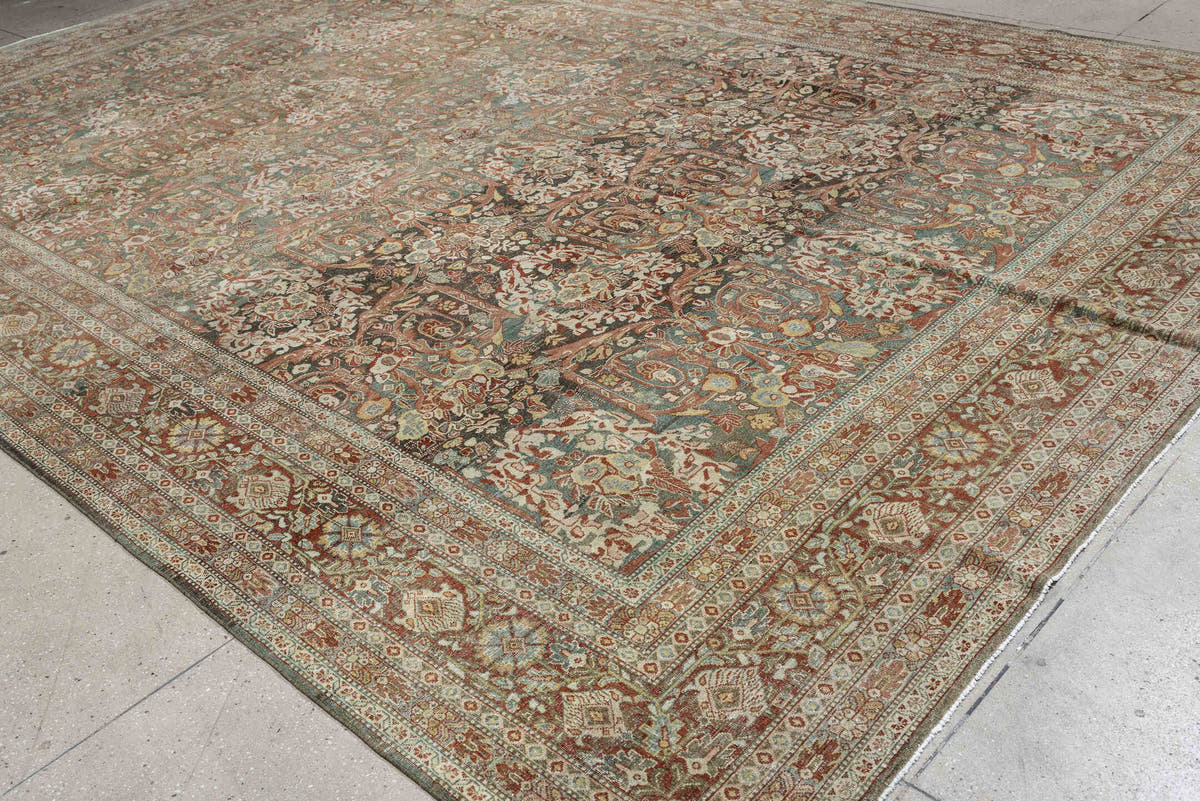 10' x 15' one-of-a-kind handmade antique Tabriz rug. Color palette: sage, ivory, terracotta, charcoal, taupe, coral