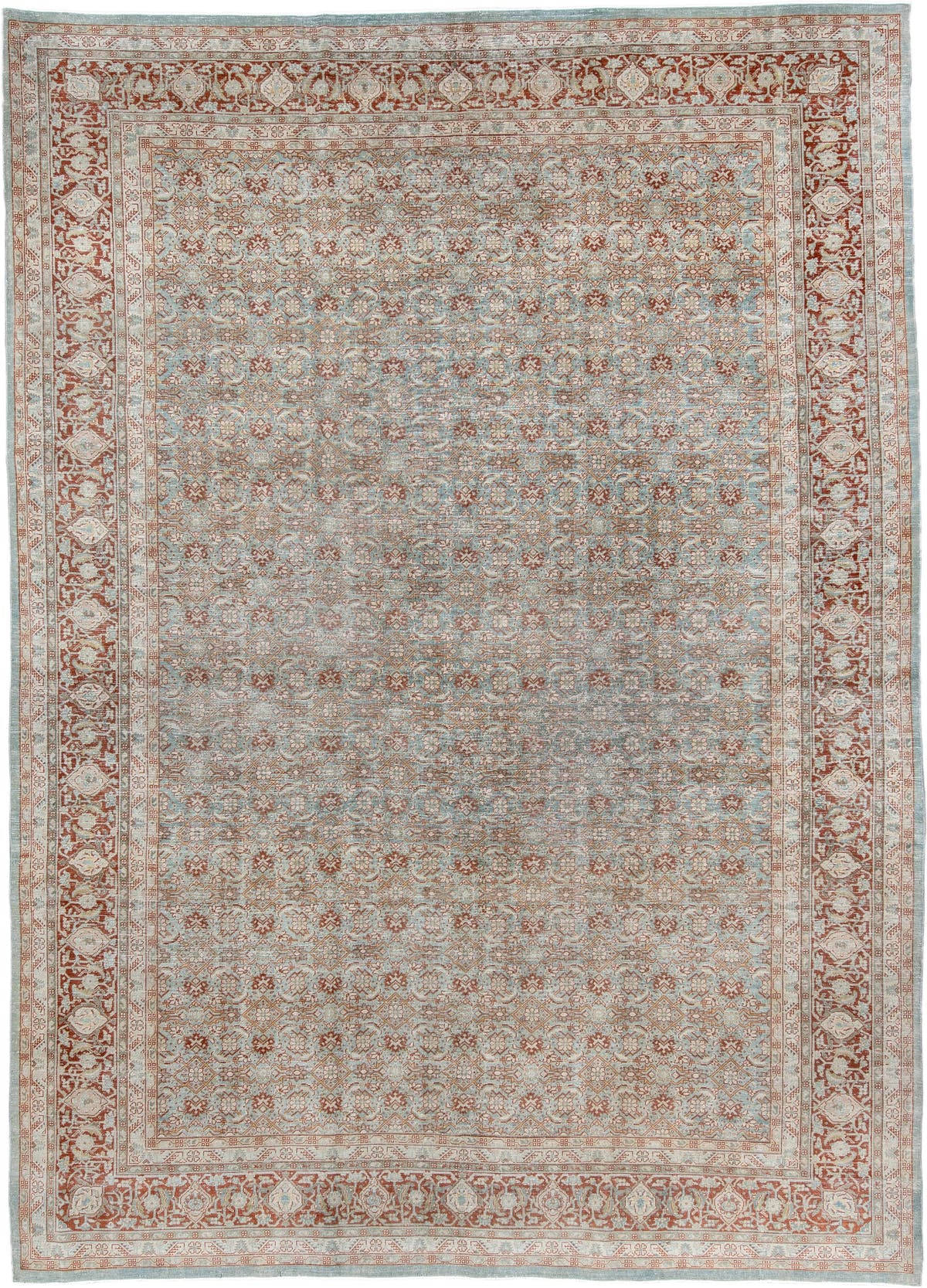 8' x 11' one-of-a-kind handmade antique Tabriz large size rug. Color palette: aqua, ivory, rust, terracotta, sage, pale blue