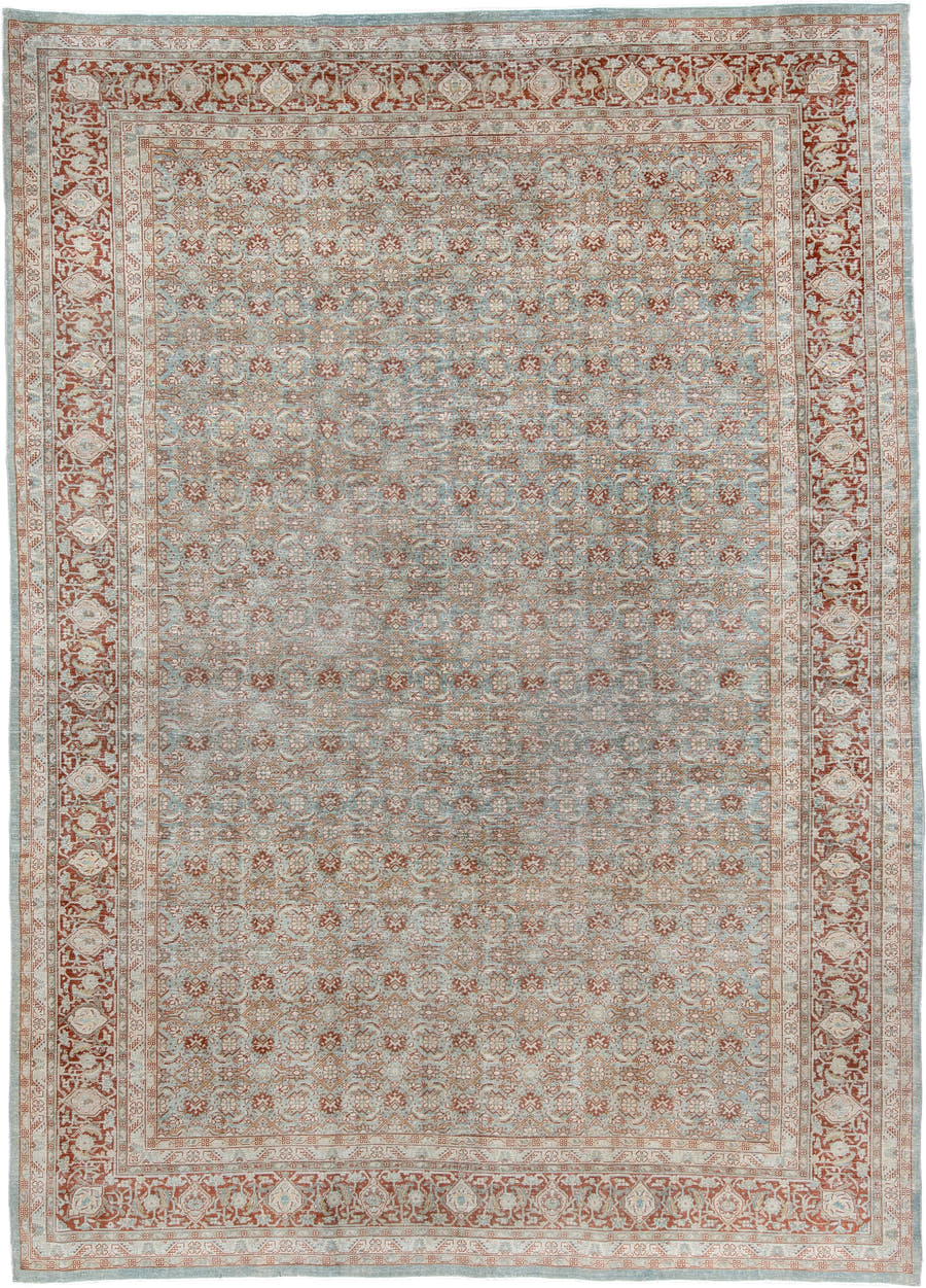 8' x 11' one-of-a-kind handmade antique Tabriz large size rug. Color palette: aqua, ivory, rust, terracotta, sage, pale blue