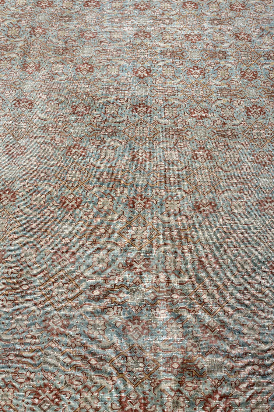 8' x 11' one-of-a-kind handmade antique Tabriz large size rug. Color palette: aqua, ivory, rust, terracotta, sage, pale blue