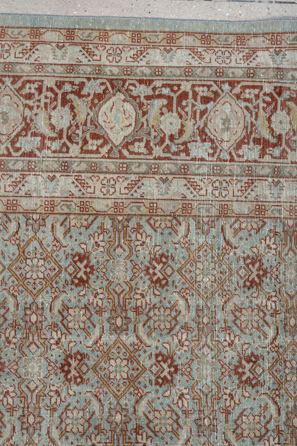 8' x 11' one-of-a-kind handmade antique Tabriz large size rug. Color palette: aqua, ivory, rust, terracotta, sage, pale blue