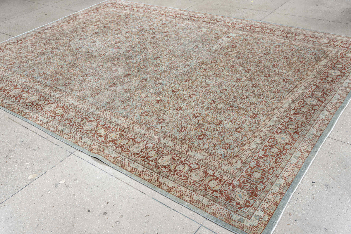 8' x 11' one-of-a-kind handmade antique Tabriz large size rug. Color palette: aqua, ivory, rust, terracotta, sage, pale blue