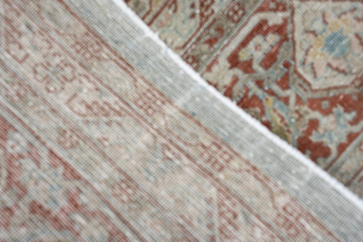 8' x 11' one-of-a-kind handmade antique Tabriz large size rug. Color palette: aqua, ivory, rust, terracotta, sage, pale blue