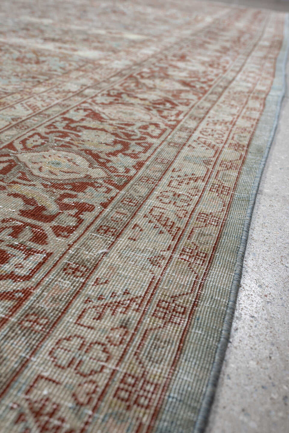 8' x 11' one-of-a-kind handmade antique Tabriz large size rug. Color palette: aqua, ivory, rust, terracotta, sage, pale blue