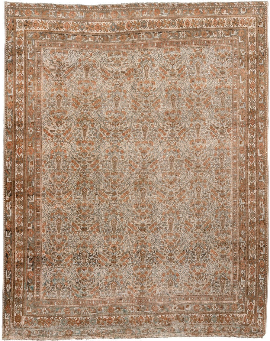 5' x 6' one-of-a-kind handmade antique Afshar rug. Color palette: ivory, terracotta, taupe, sage, charcoal, rust, camel