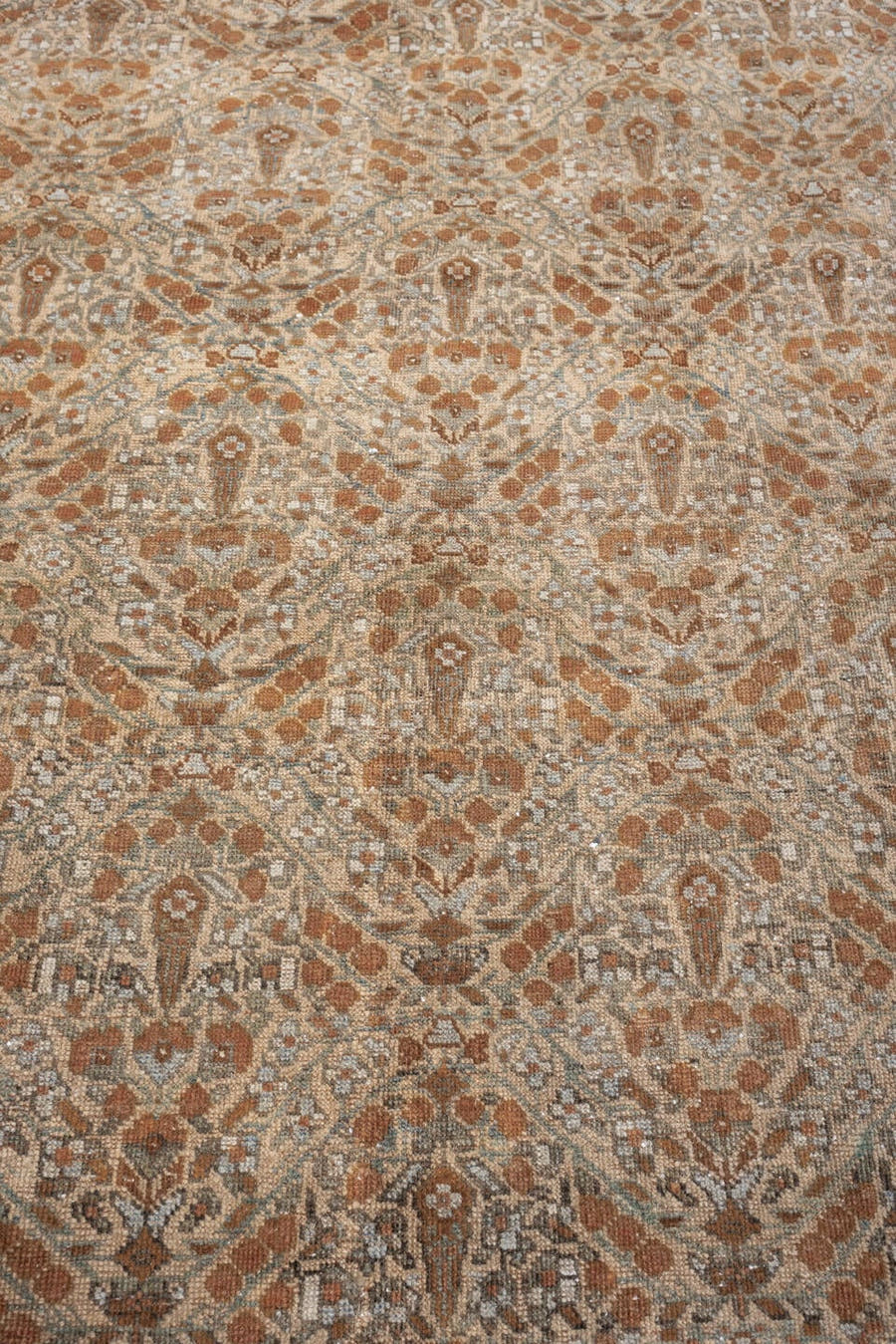 5' x 6' one-of-a-kind handmade antique Afshar rug. Color palette: ivory, terracotta, taupe, sage, charcoal, rust, camel