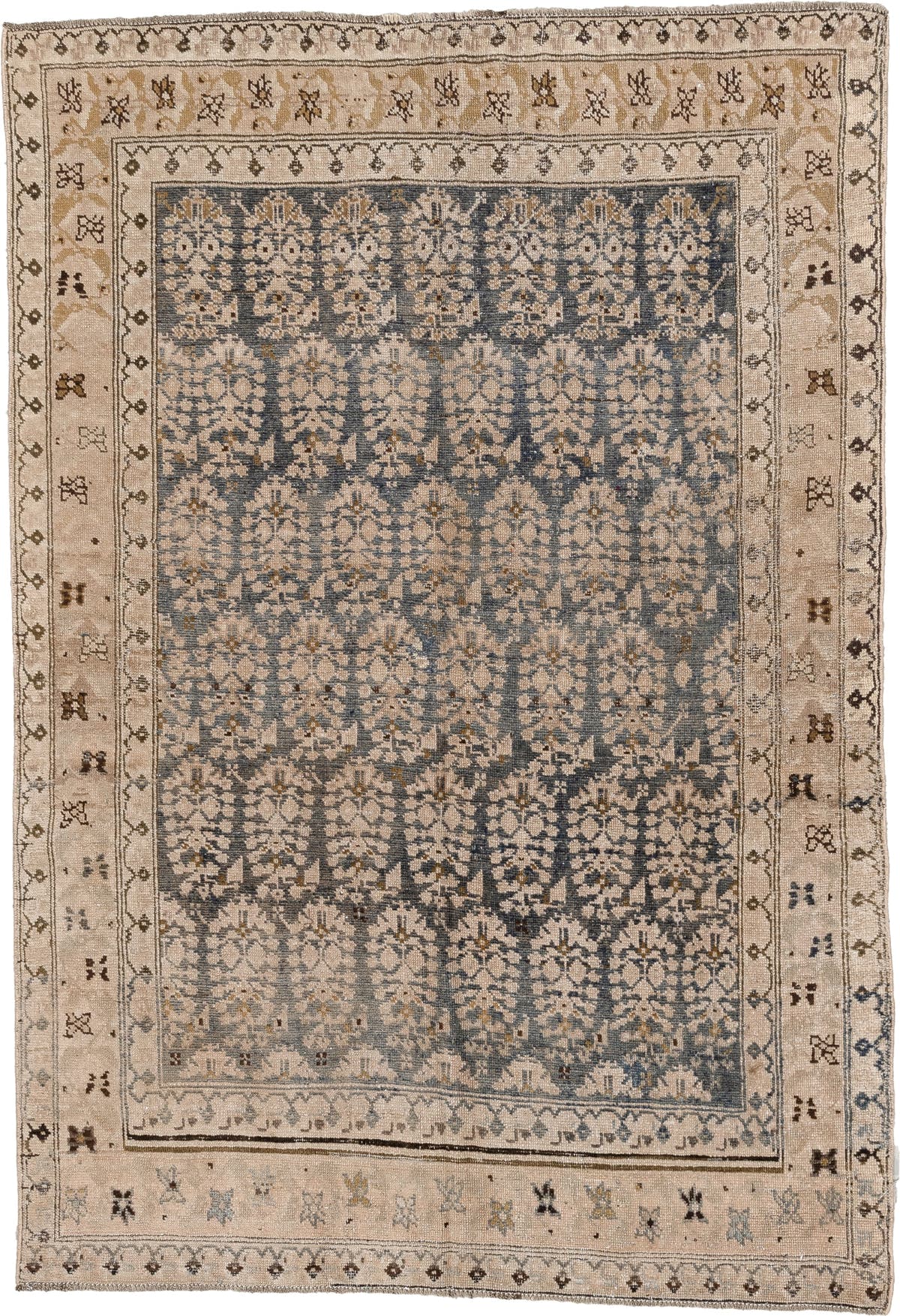 4' x 5' one-of-a-kind handmade antique Malayer small size rug. Color palette: blue gray, ivory, camel, taupe, charcoal