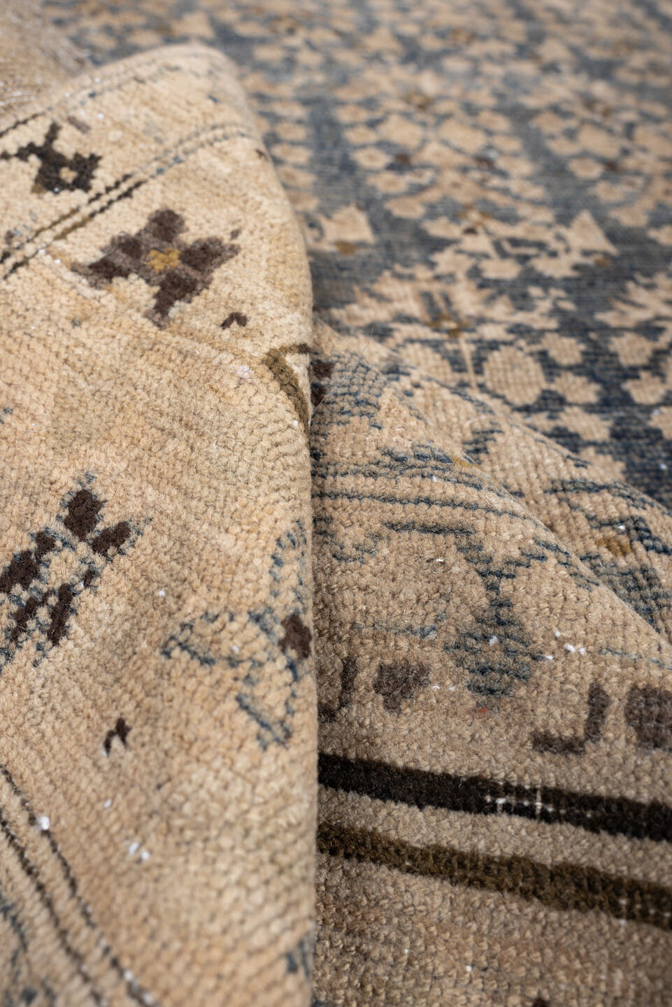 4' x 5' one-of-a-kind handmade antique Malayer small size rug. Color palette: blue gray, ivory, camel, taupe, charcoal