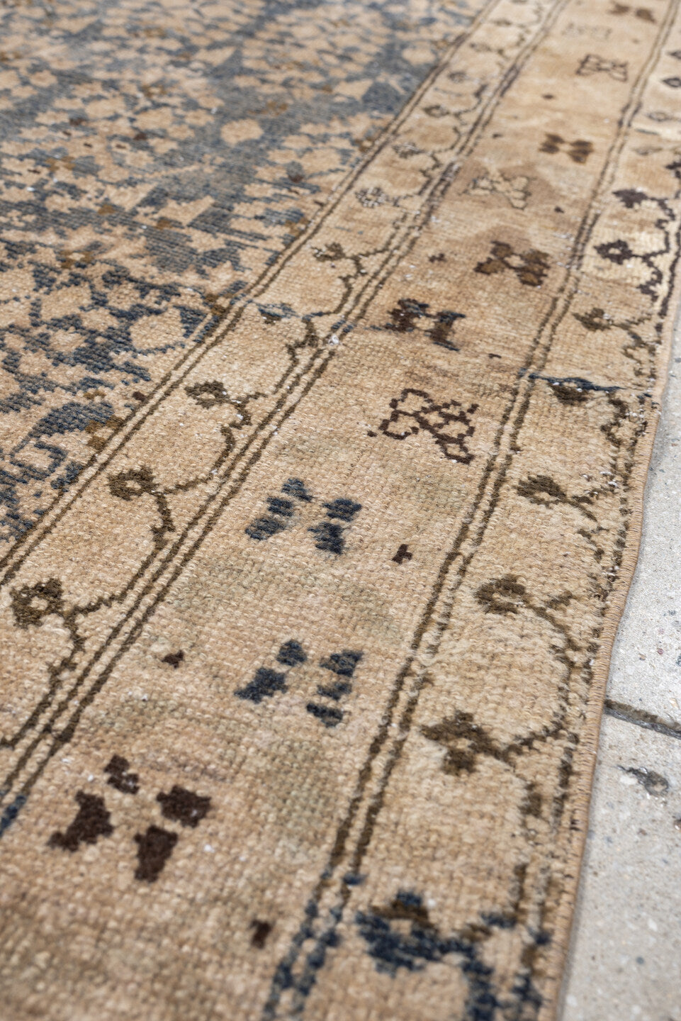 4' x 5' one-of-a-kind handmade antique Malayer small size rug. Color palette: blue gray, ivory, camel, taupe, charcoal