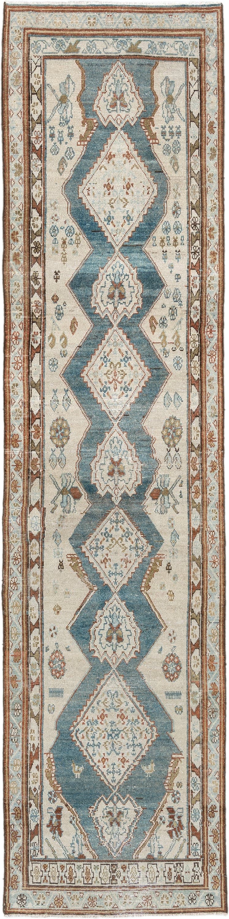 3' x 12' one-of-a-kind handmade antique NW Persian runner rug. Color palette: ivory, soft blue, rust, camel, taupe, sage