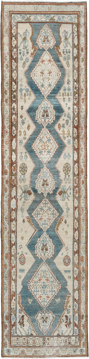 3' x 12' one-of-a-kind handmade antique NW Persian runner rug. Color palette: ivory, soft blue, rust, camel, taupe, sage