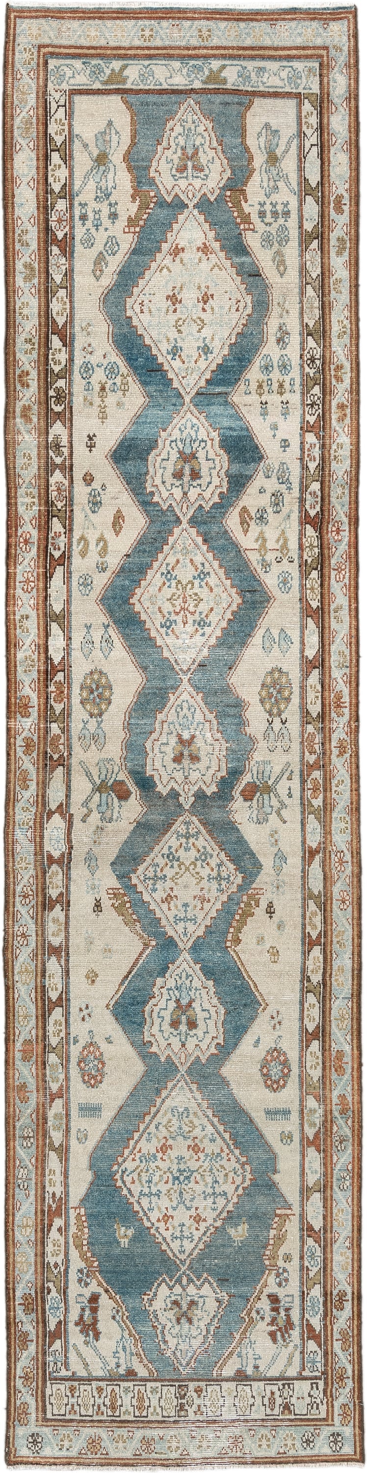 3' x 12' one-of-a-kind handmade antique NW Persian runner rug. Color palette: ivory, soft blue, rust, camel, taupe, sage