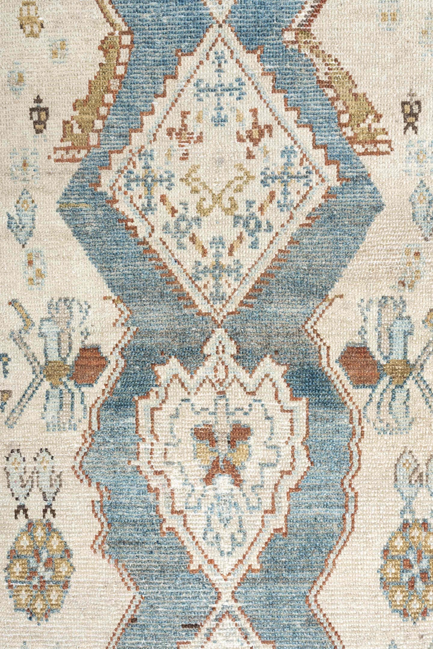 3' x 12' one-of-a-kind handmade antique NW Persian runner rug. Color palette: ivory, soft blue, rust, camel, taupe, sage