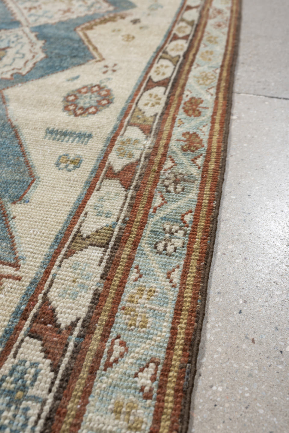 3' x 12' one-of-a-kind handmade antique NW Persian runner rug. Color palette: ivory, soft blue, rust, camel, taupe, sage