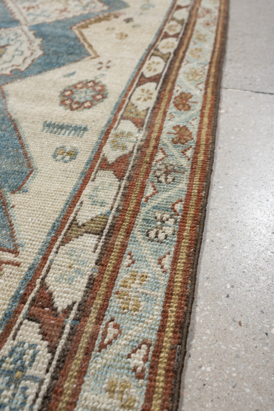 3' x 12' one-of-a-kind handmade antique NW Persian runner rug. Color palette: ivory, soft blue, rust, camel, taupe, sage