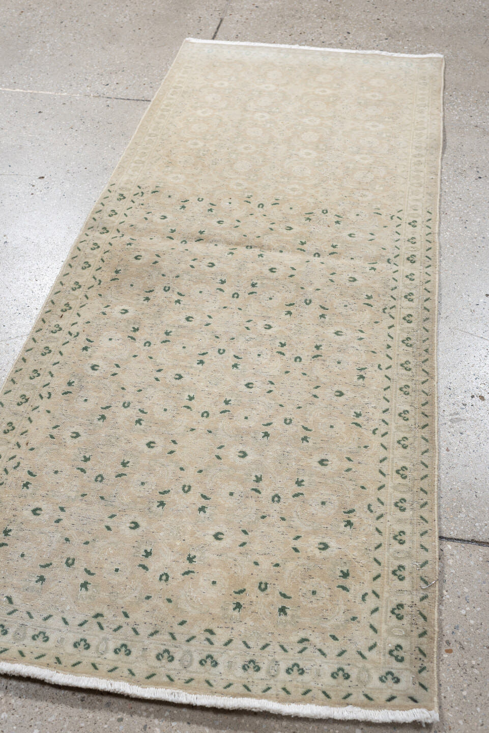 2' x 4' one-of-a-kind handmade antique Sivas small size rug. Color palette: ivory, cream, sage, taupe, beige, green, gray
