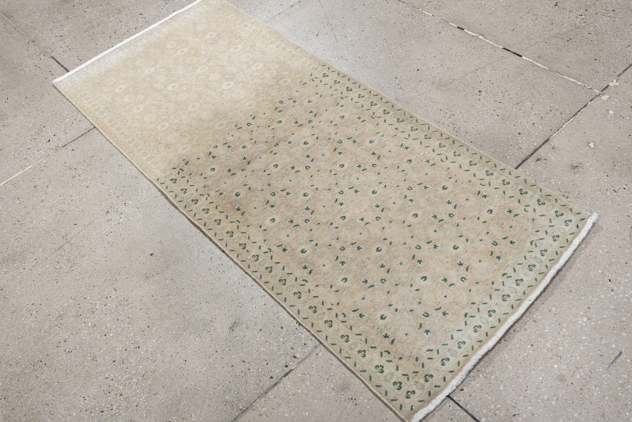 2' x 4' one-of-a-kind handmade antique Sivas small size rug. Color palette: ivory, cream, sage, taupe, beige, green, gray