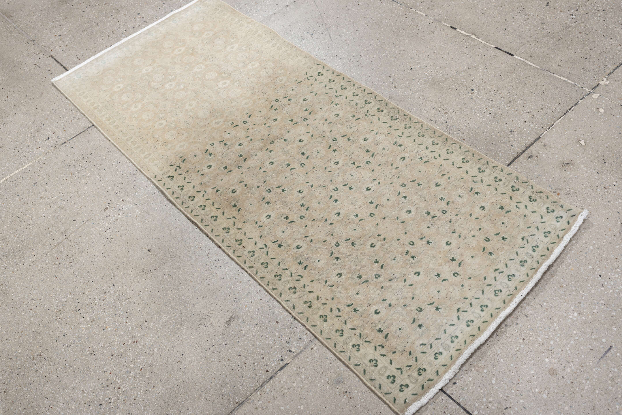 2' x 4' one-of-a-kind handmade antique Sivas small size rug. Color palette: ivory, cream, sage, taupe, beige, green, gray
