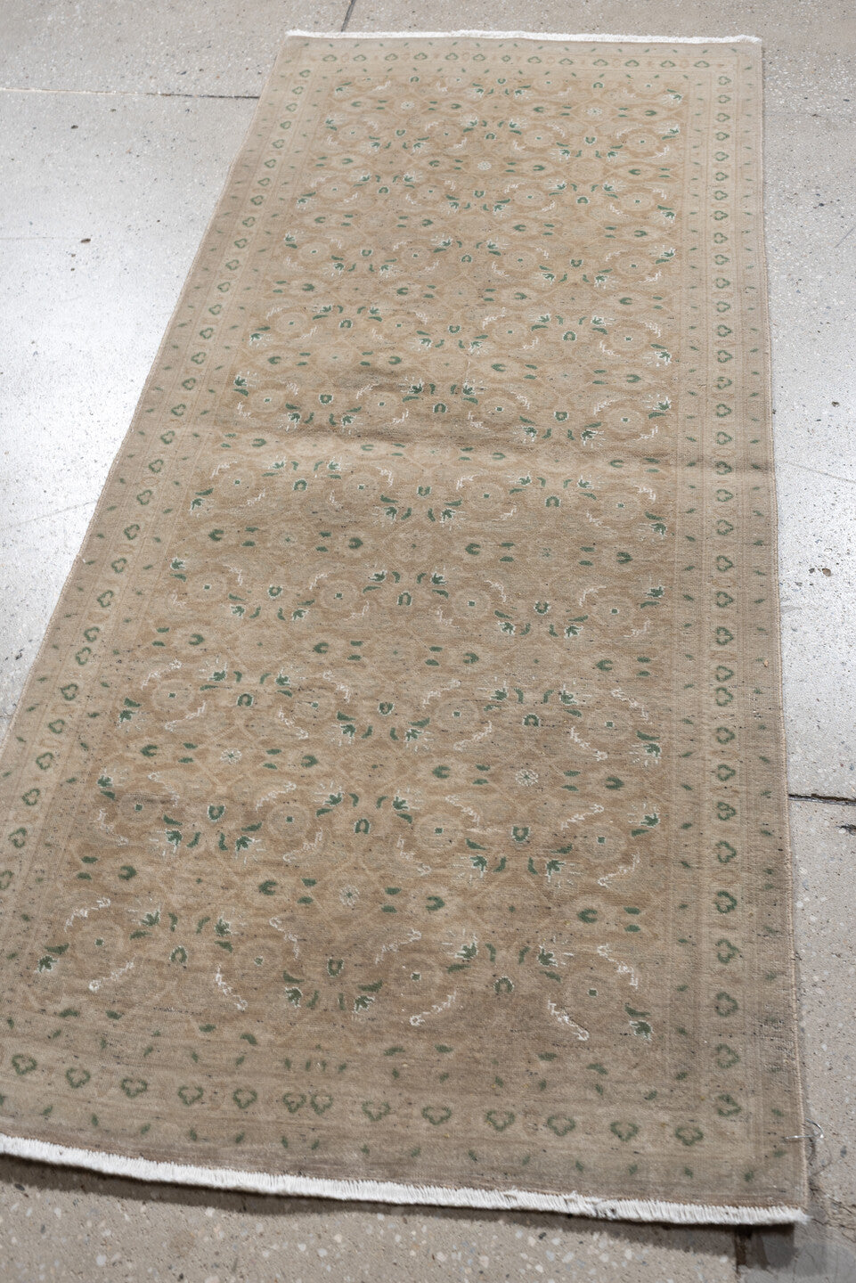 2' x 4' one-of-a-kind handmade antique Sivas small size rug. Color palette: taupe, sage, ivory, beige, gray, green