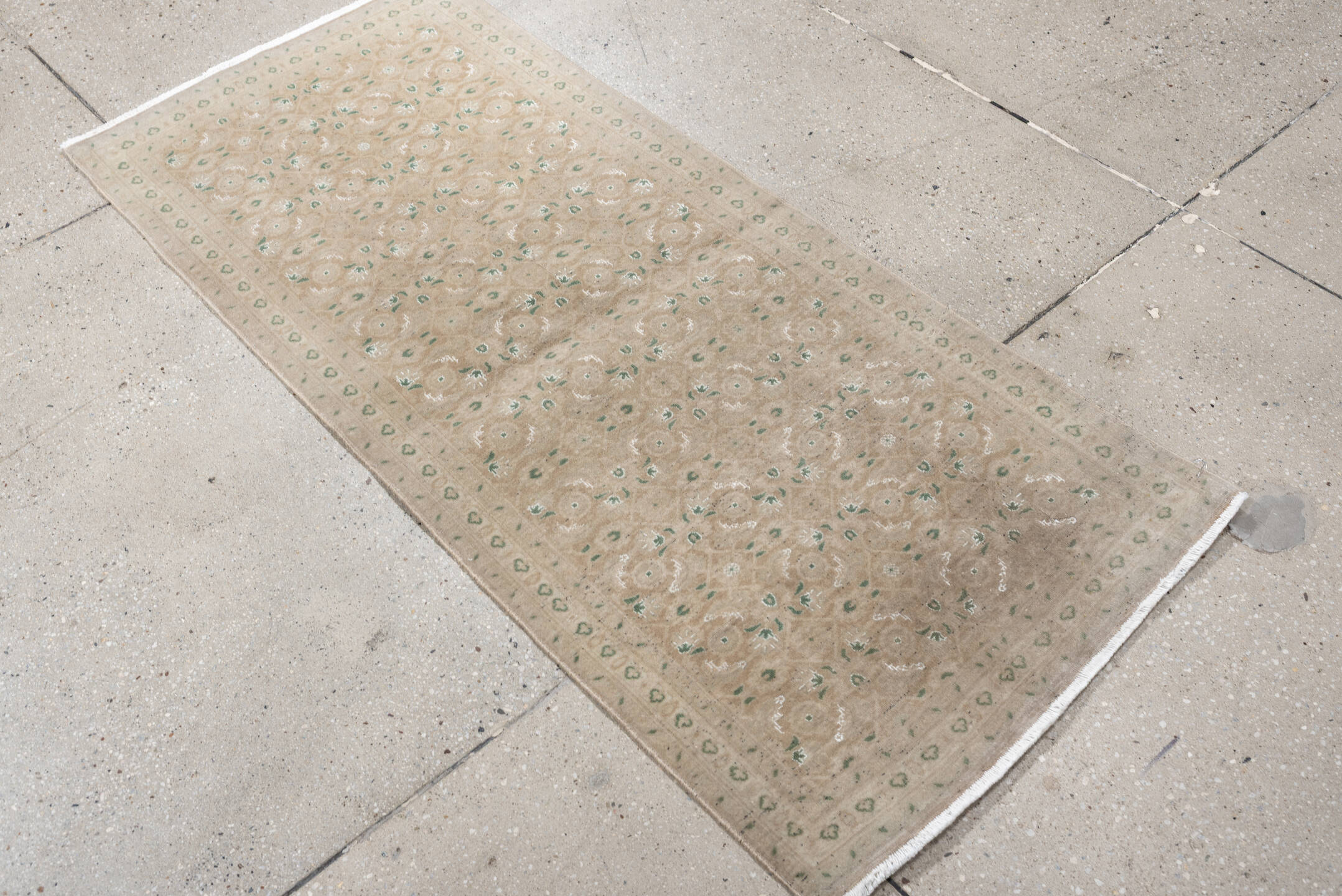 2' x 4' one-of-a-kind handmade antique Sivas small size rug. Color palette: taupe, sage, ivory, beige, gray, green