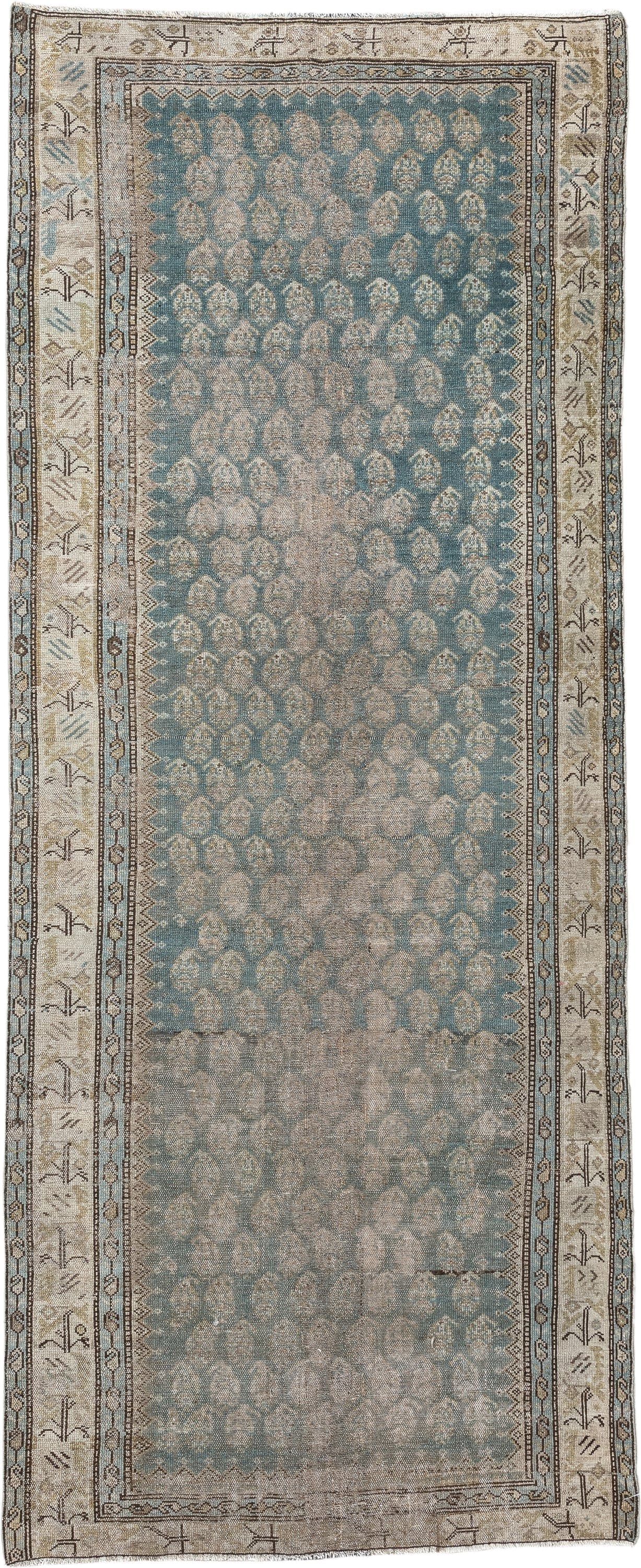 3' x 9' one-of-a-kind handmade antique Malayer runner rug. Color palette: powder blue, ivory, taupe, beige, camel, slate