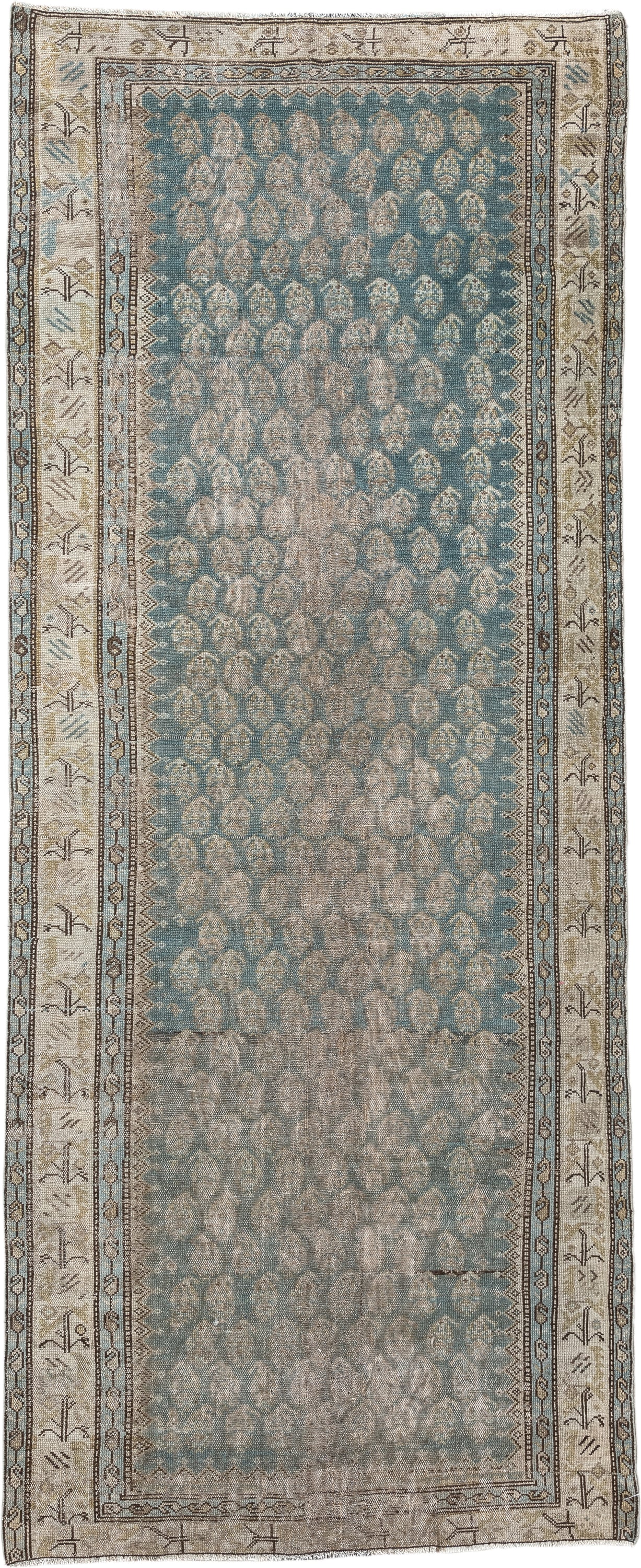 3' x 9' one-of-a-kind handmade antique Malayer runner rug. Color palette: powder blue, ivory, taupe, beige, camel, slate