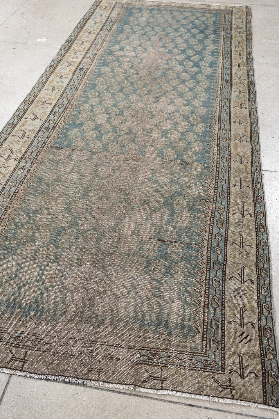 3' x 9' one-of-a-kind handmade antique Malayer runner rug. Color palette: powder blue, ivory, taupe, beige, camel, slate