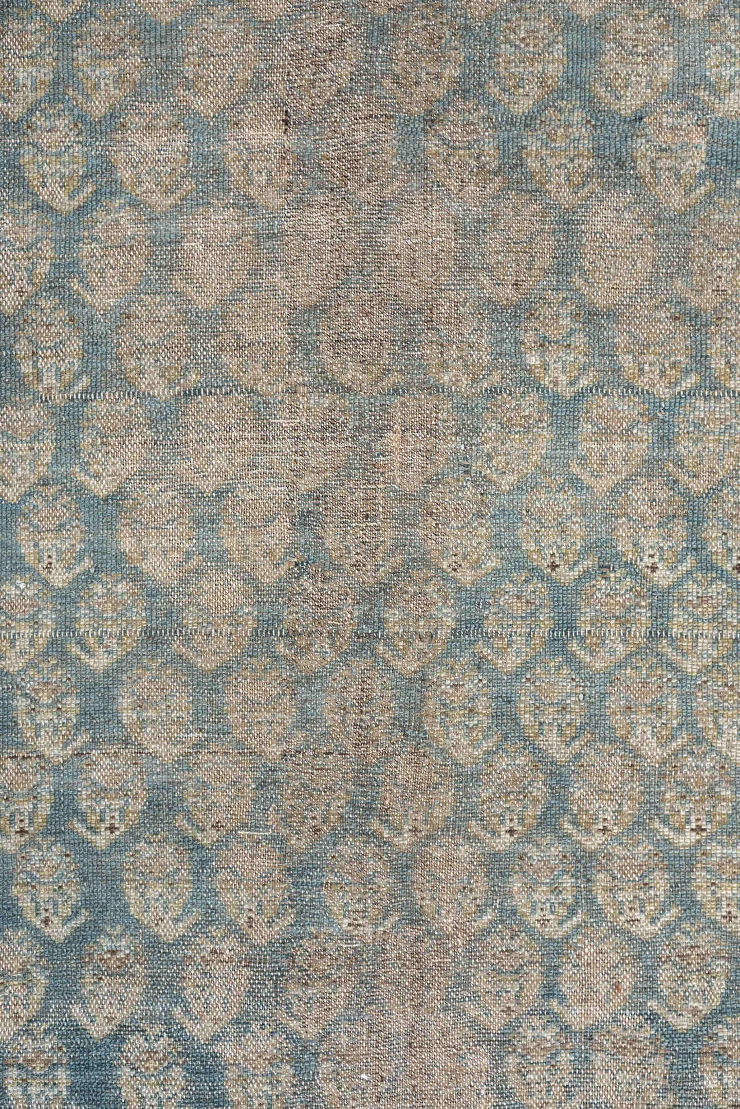 3' x 9' one-of-a-kind handmade antique Malayer runner rug. Color palette: powder blue, ivory, taupe, beige, camel, slate