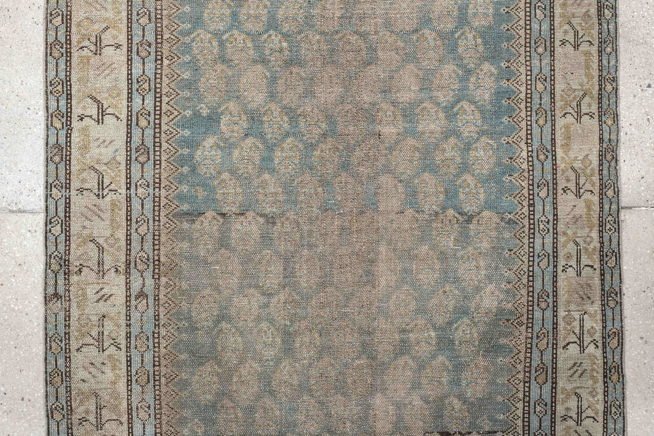 3' x 9' one-of-a-kind handmade antique Malayer runner rug. Color palette: powder blue, ivory, taupe, beige, camel, slate