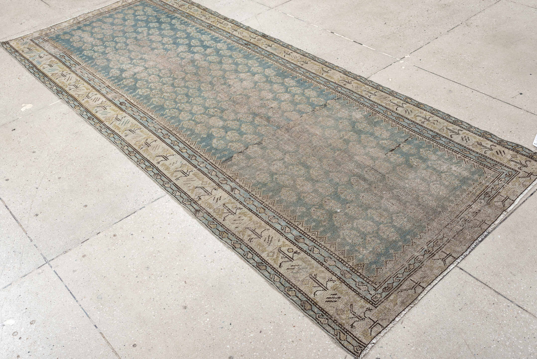 3' x 9' one-of-a-kind handmade antique Malayer runner rug. Color palette: powder blue, ivory, taupe, beige, camel, slate