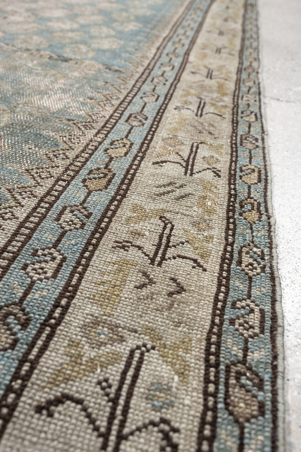 3' x 9' one-of-a-kind handmade antique Malayer runner rug. Color palette: powder blue, ivory, taupe, beige, camel, slate