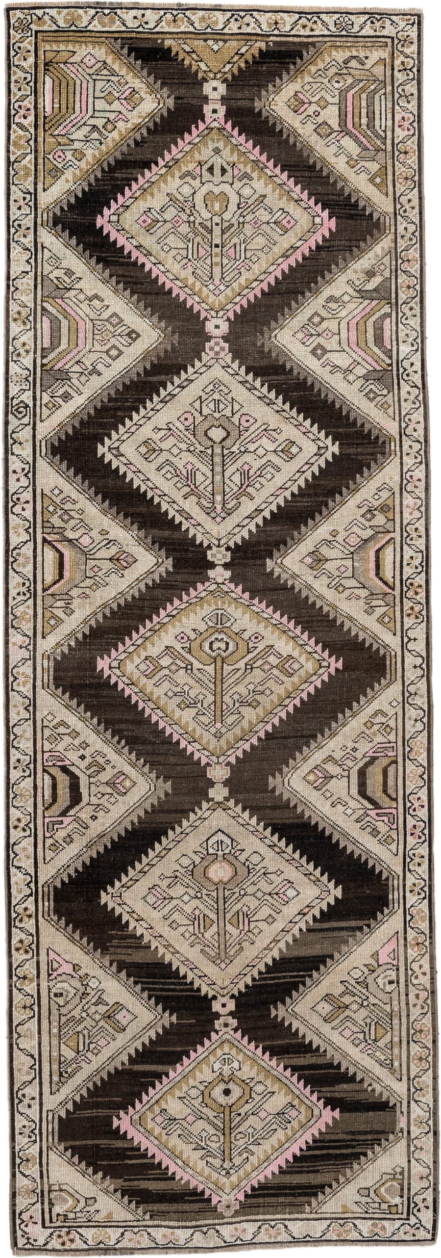 3' x 9' one-of-a-kind handmade antique NW Persian runner rug. Color palette: dark brown, ivory, taupe, blush pink, camel