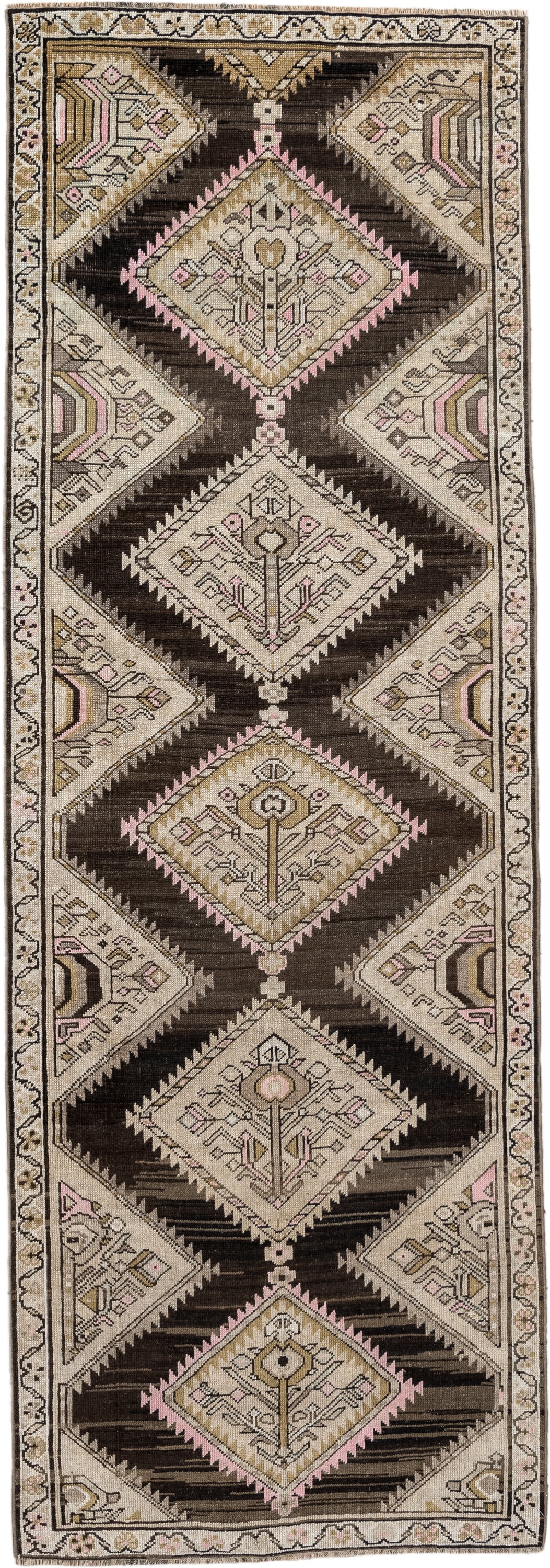 3' x 9' one-of-a-kind handmade antique NW Persian runner rug. Color palette: dark brown, ivory, taupe, blush pink, camel