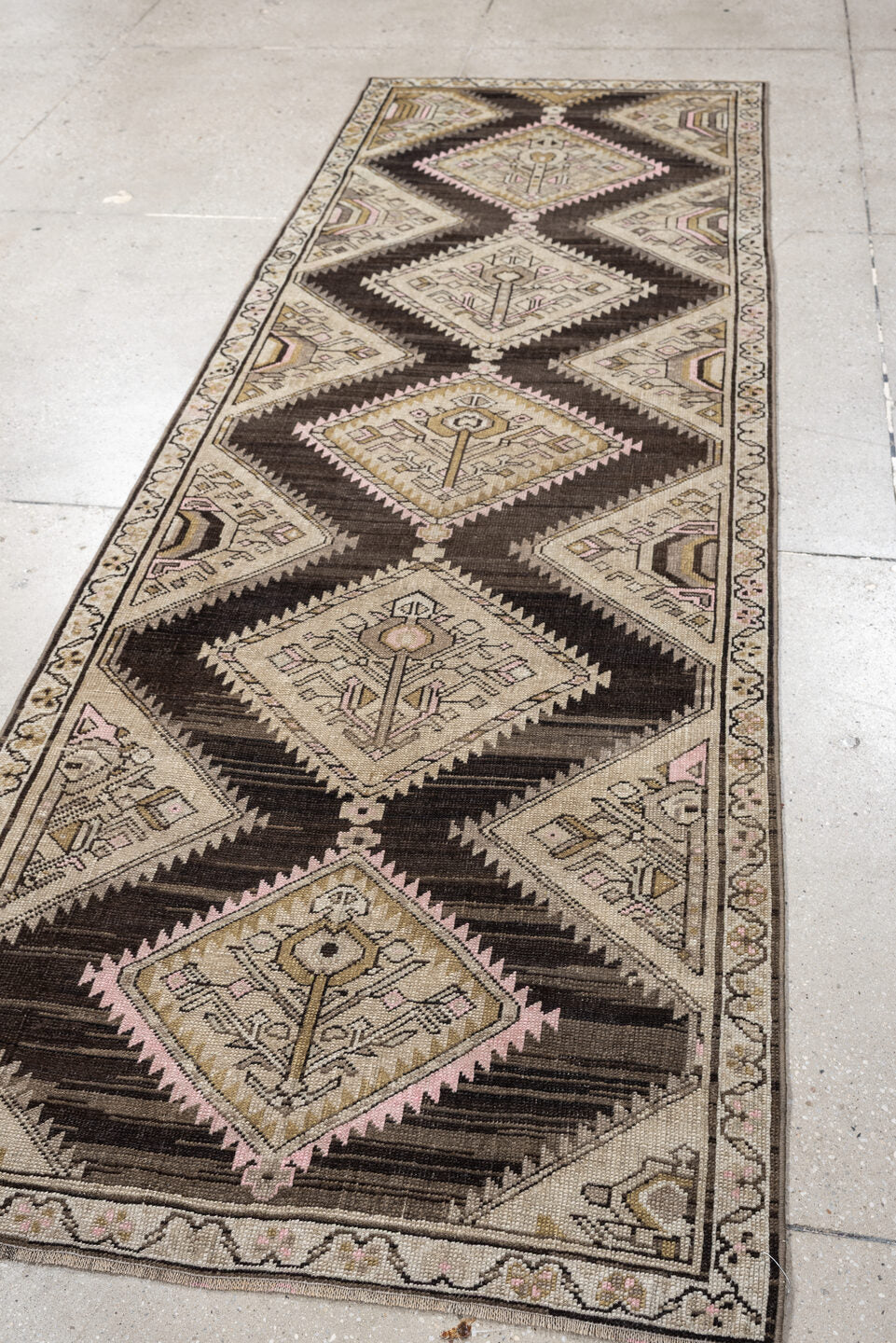 3' x 9' one-of-a-kind handmade antique NW Persian runner rug. Color palette: dark brown, ivory, taupe, blush pink, camel