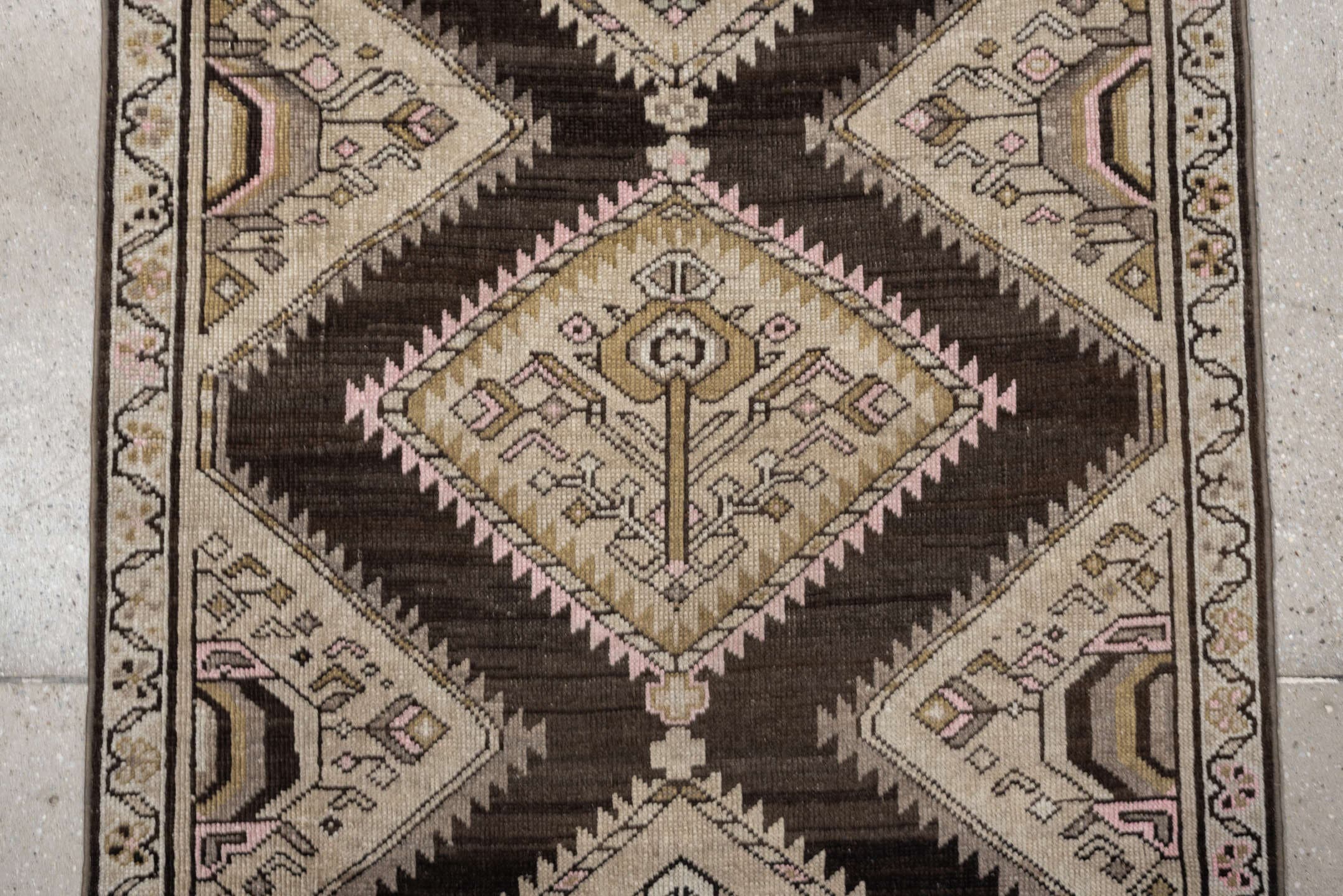 3' x 9' one-of-a-kind handmade antique NW Persian runner rug. Color palette: dark brown, ivory, taupe, blush pink, camel