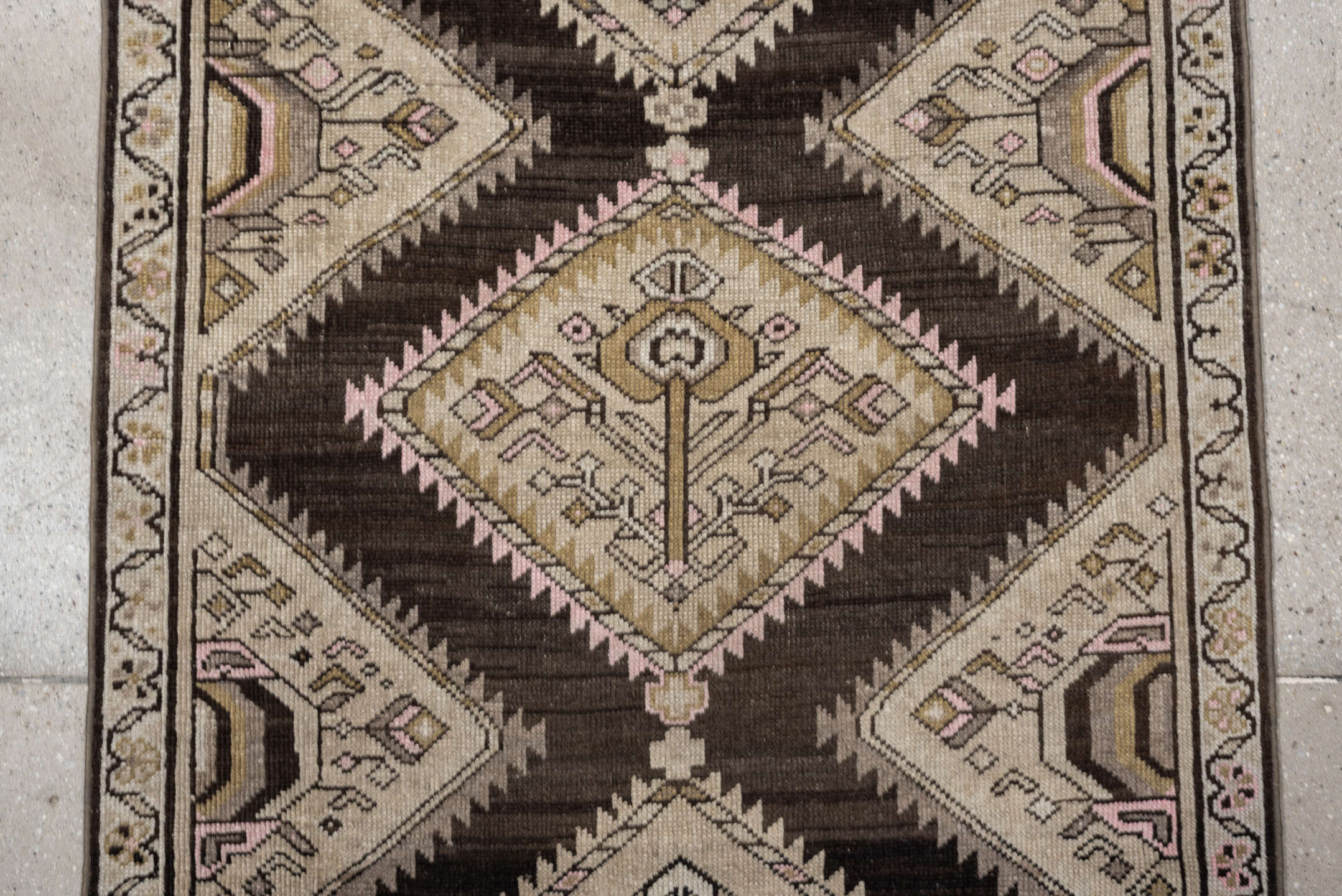 3' x 9' one-of-a-kind handmade antique NW Persian runner rug. Color palette: dark brown, ivory, taupe, blush pink, camel