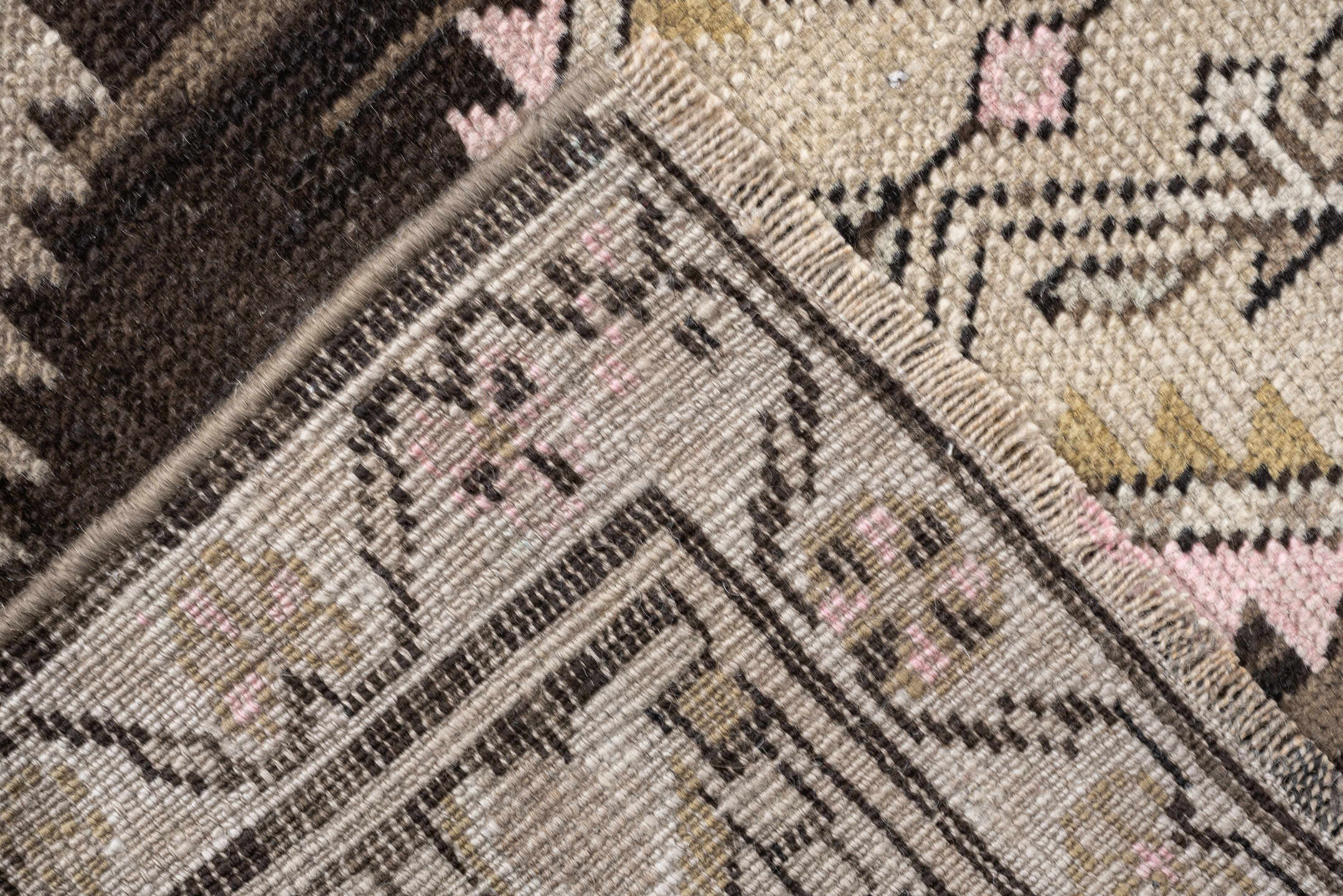 3' x 9' one-of-a-kind handmade antique NW Persian runner rug. Color palette: dark brown, ivory, taupe, blush pink, camel