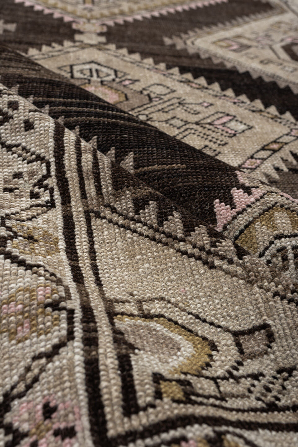 3' x 9' one-of-a-kind handmade antique NW Persian runner rug. Color palette: dark brown, ivory, taupe, blush pink, camel