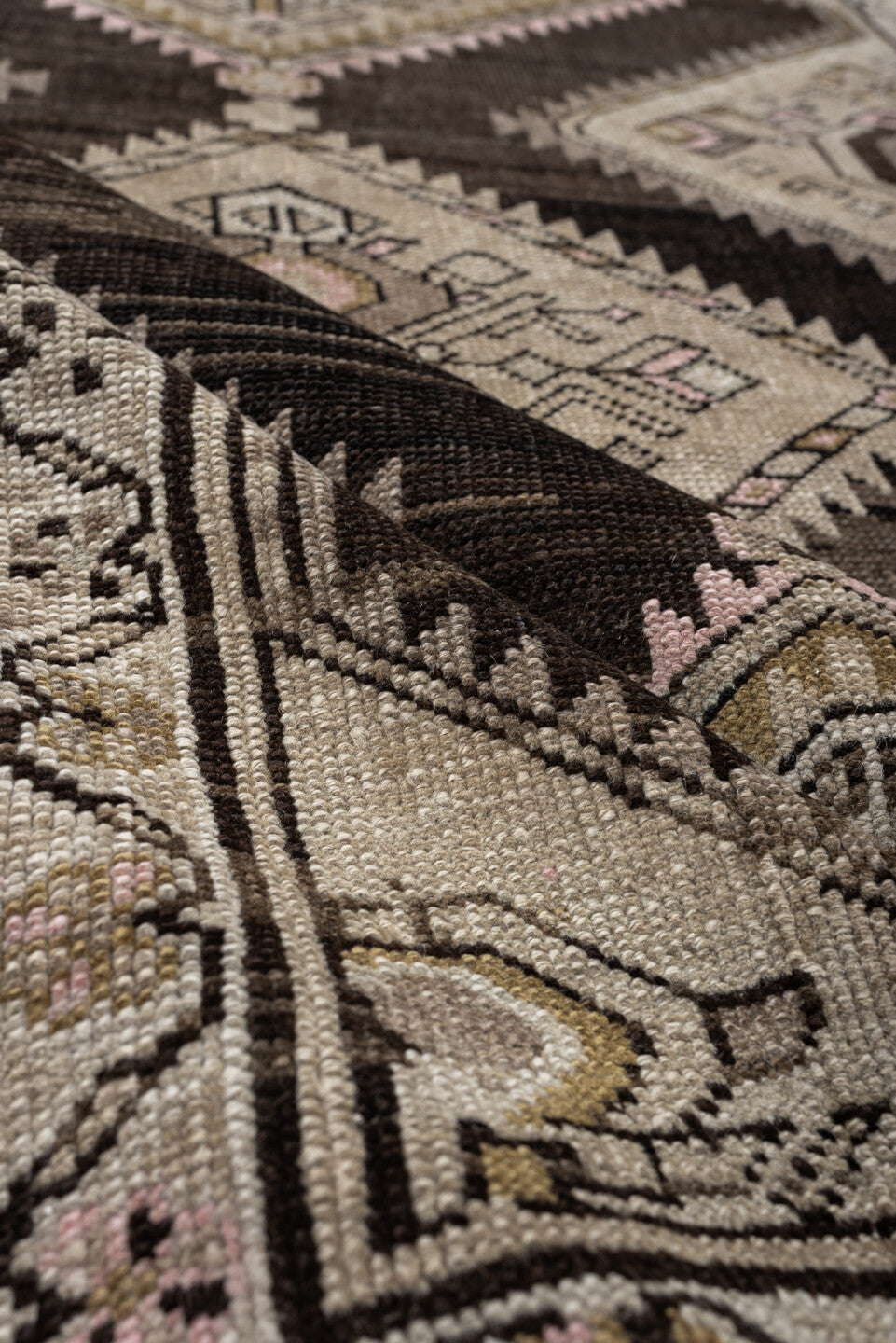 3' x 9' one-of-a-kind handmade antique NW Persian runner rug. Color palette: dark brown, ivory, taupe, blush pink, camel