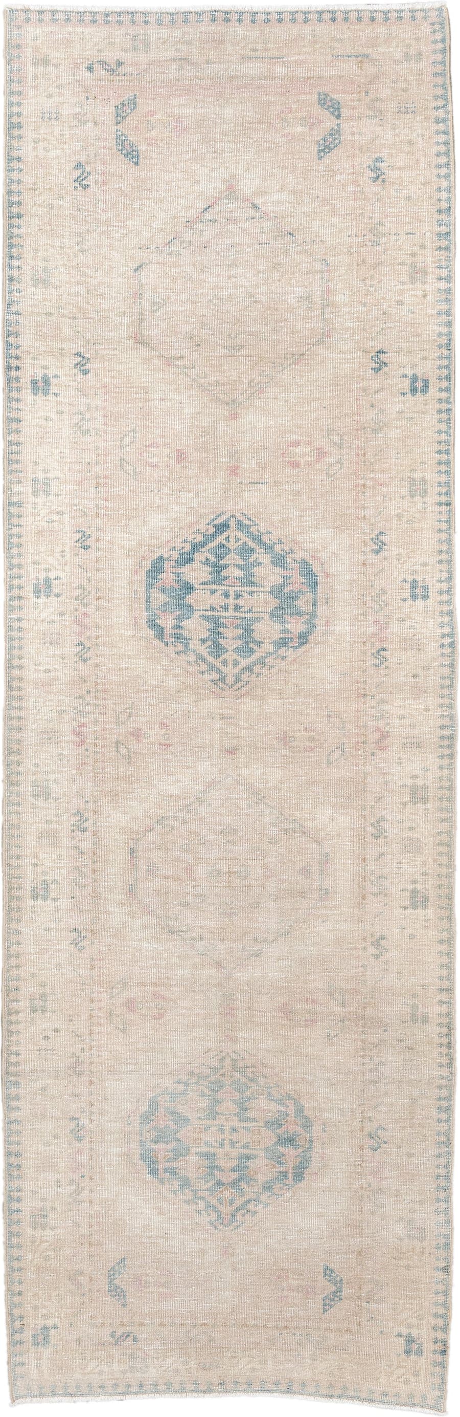 3' x 10' one-of-a-kind handmade antique Sarab runner rug. Color palette: ivory, pale blue, blush, beige, taupe, light blue